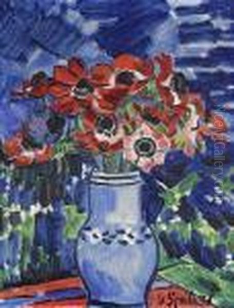 Anemones In A Blue Jug Oil Painting by Vaclav Spala