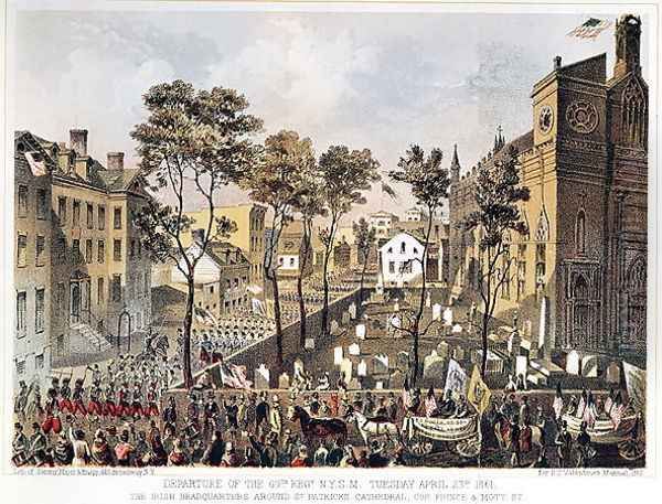 Departure of the 69th Regiment, N.Y.S.M., April 23rd 1861, the Irish Headquarters around St. Patricks Cathedral, corner of Prince and Mott Street, New York Oil Painting by Major and Knapp Sarony