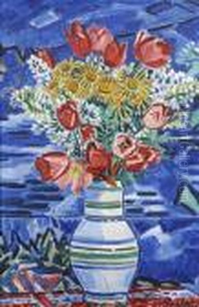 Still Life With Tulips, Daisies And Lilacs In A Vase Oil Painting by Vaclav Spala