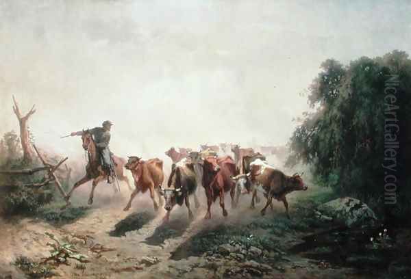 Union Drover with Cattle for the Army, 1860 Oil Painting by Otto Sommer