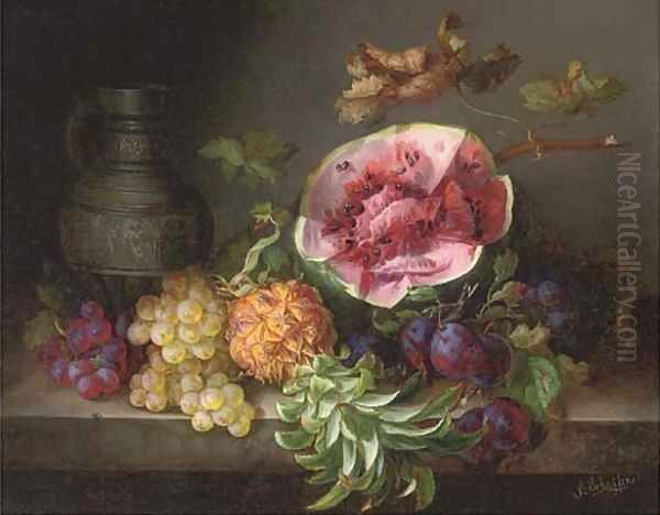 A watermelon and other fruit by an ornamental ewer Oil Painting by Adalbert Schaffer