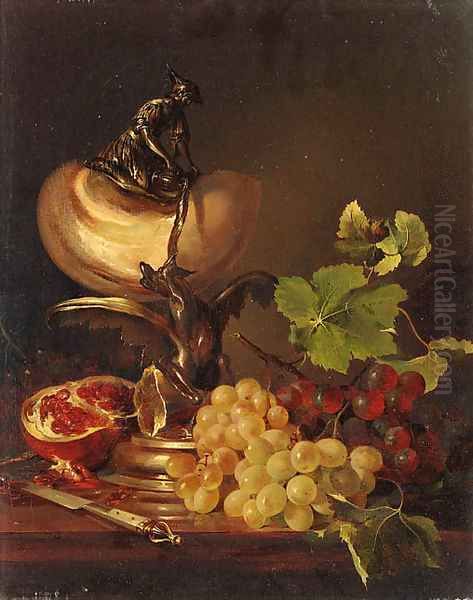 Still life with grapes, pomegranate and a nautilus cup Oil Painting by Adalbert Schaffer