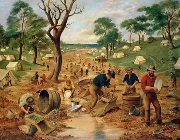 Australian Gold Diggings, c.1855 Oil Painting by Edwin Stocqueler