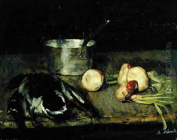 Still life with casserole and wild duck, 1885 Oil Painting by Carl Schuch