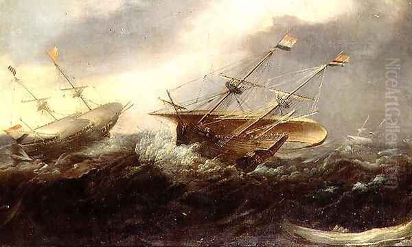 Dutch men-of-war in a gale Oil Painting by Hans I Savery