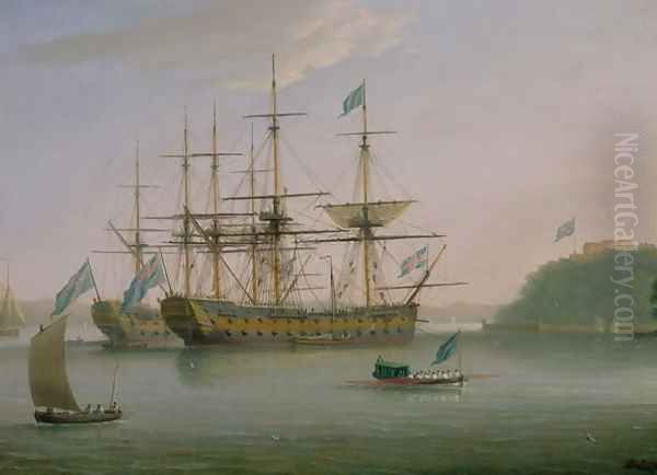 Two British Men of War moored under Mount Edgecomb, Plymouth with the admirals barge returning to shore Oil Painting by Dominic Serres