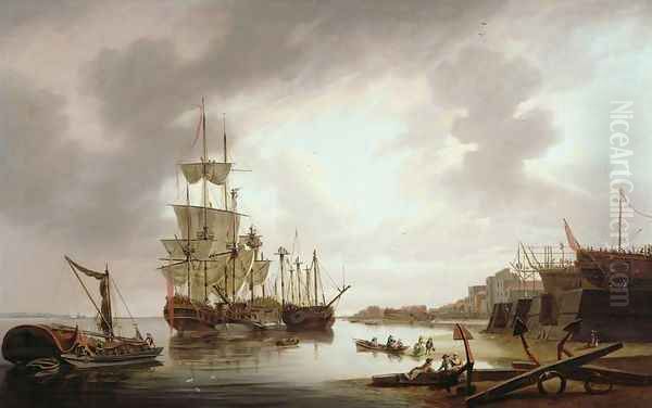 British Men of War at Anchor in Blackwall Reach, 1792 Oil Painting by Dominic Serres