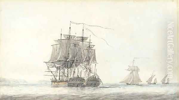 The action between H.M.S. Flora (36 guns) and the French frigate Nymphe (36 guns) off Ushant on 10th August, 1780 Oil Painting by Dominic Serres