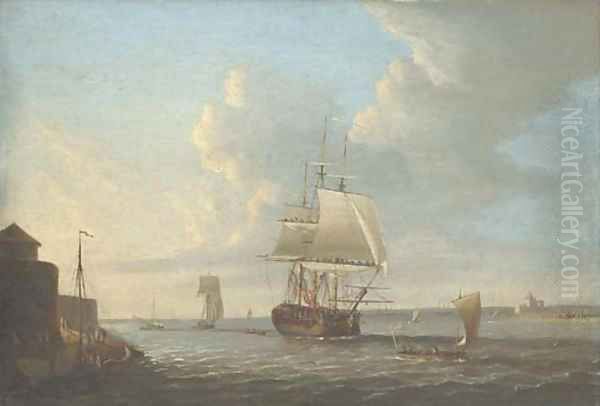 View of Portsmouth Harbour with a man-o'-war and other vessels Oil Painting by Dominic Serres