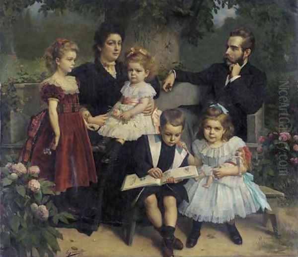 A group portrait of a family in a garden Oil Painting by Eugene Siberdt