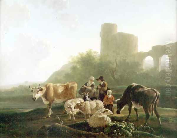 Rustic Figures with Cattle and Sheep Oil Painting by Jacob Van Stry