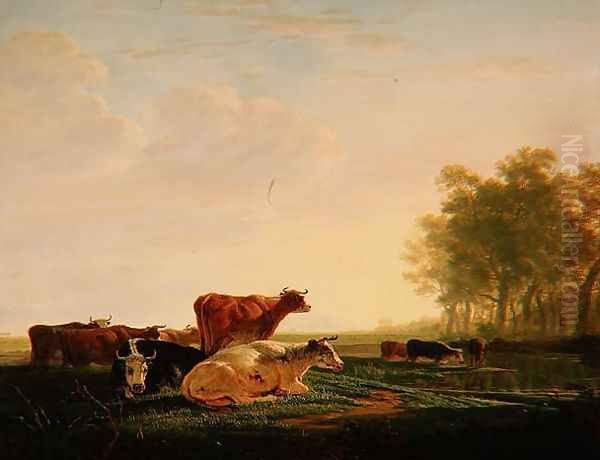 Cattle in a Landscape Oil Painting by Jacob Van Stry