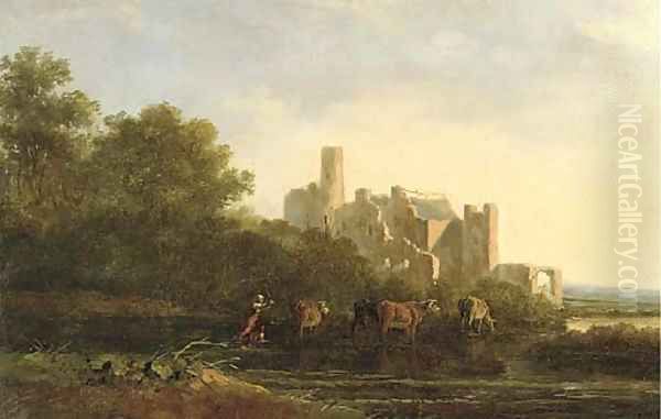 A drover herding cattle before a ruined castle Oil Painting by Jacob Van Stry