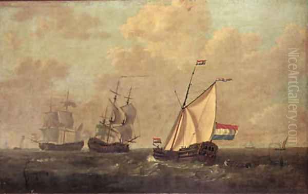 A cutter of the Dutch East India Company and two men-o-war with other shipping, a town on the horizon Oil Painting by Jacob Van Stry