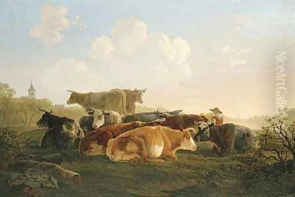 Cattle and a herder resting in a landscape by Jacob Van Stry