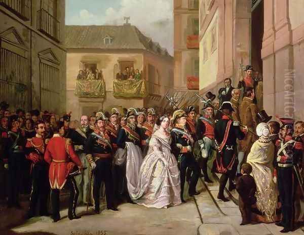 Isabella II of Spain 1830-1904 and her husband Francisco de Assisi visiting the Church of Santa Maria Oil Painting by Ramon Soldevila Trepat