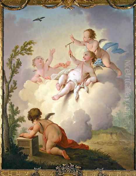 Angels Playing with a Bird in a Landscape Oil Painting by Hendrik Willem Schweickardt