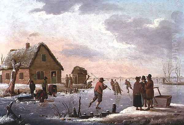 Figures Skating in a Winter Landscape Oil Painting by Hendrik Willem Schweickardt