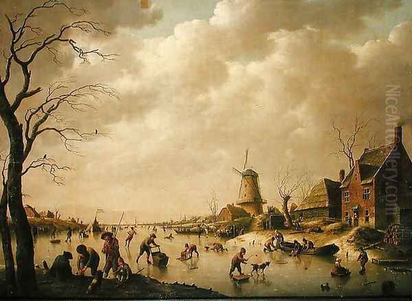 Skaters on a Frozen Canal, 1779 Oil Painting by Hendrik Willem Schweickardt