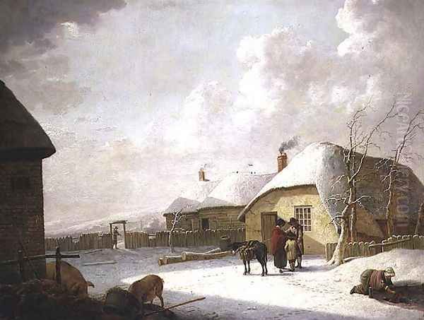 Figures Outside a Cottage in the Snow Oil Painting by Hendrik Willem Schweickardt