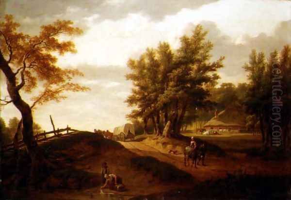 A wooded landscape with a waggon and peasants travelling on a road, a washerwoman at a pond and a farm beyond Oil Painting by Hendrik Willem Schweickardt