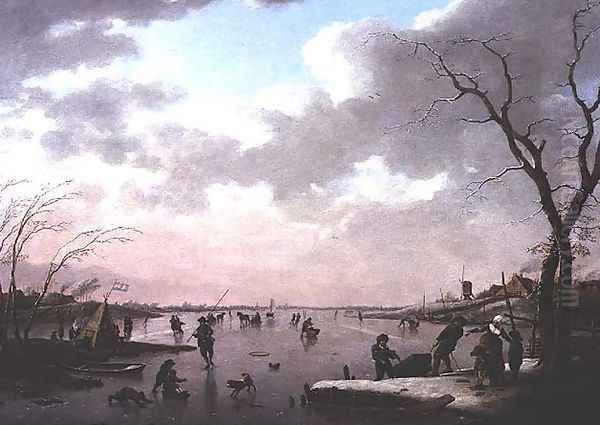 Winter Scene, Figures on the Ice Oil Painting by Hendrik Willem Schweickardt