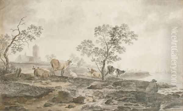 A river landscape with a herdsman resting and cows grazing near the banks, a church beyond Oil Painting by Hendrik Willem Schweickardt