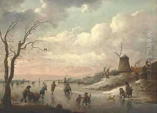 A winter landscape with peasants skating on a frozen river by a village with a windmill Oil Painting by Hendrik Willem Schweickardt