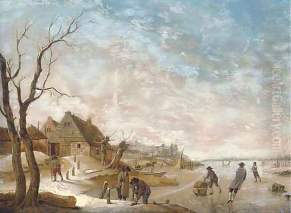 A winter landscape with figures skating on a frozen lake Oil Painting by Hendrik Willem Schweickardt