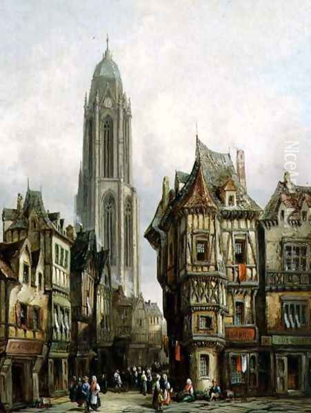 German Street Scene and Church Tower by Henry Schafter