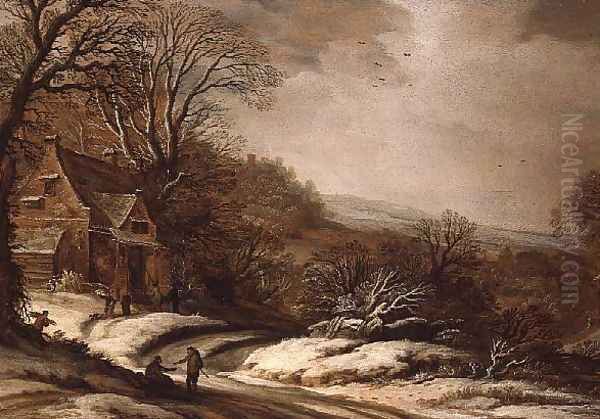 Winter Landscape with Cottages, 1625 Oil Painting by Pieter van Santvoort