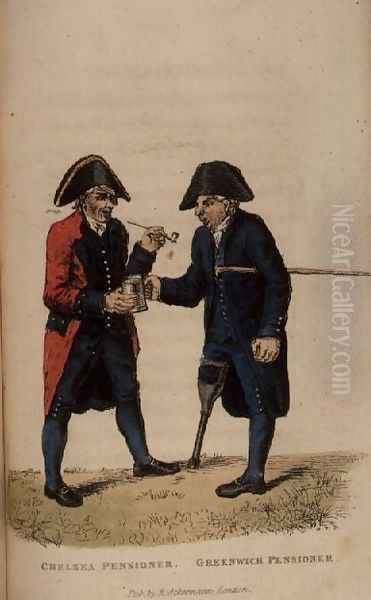 A Chelsea Pensioner and a Greenwich Pensioner from Ackermanns World in Miniature Oil Painting by Frederic Shoberl