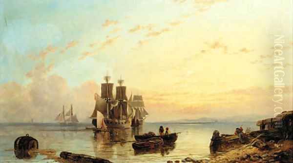 Vessels moored off the coast at sunset Oil Painting by George Stainton