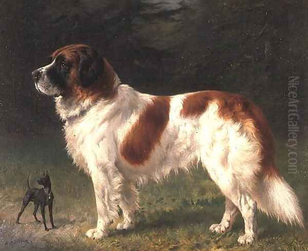 A St. Bernard and a Miniature Pincher Oil Painting by Heinrich Sperling