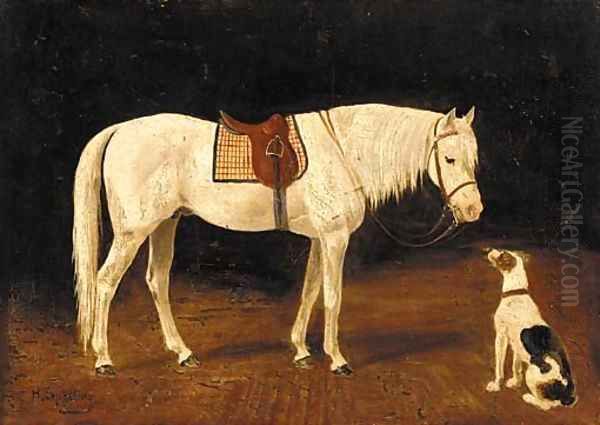 A saddled grey hunter with a dog in a yard Oil Painting by Heinrich Sperling