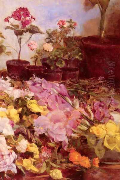 Still Life With Flower Pots And Cut Flowers Oil Painting by Giovanni Sottocornola