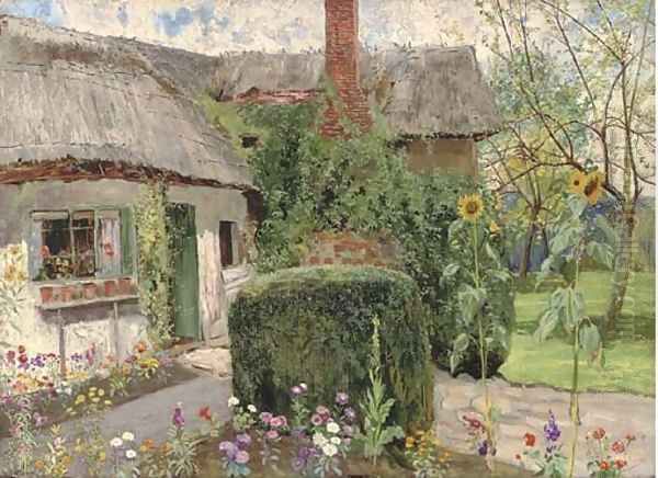 A cottage garden, Sutton Courtenay, Abingdon Oil Painting by John G. Sowerby