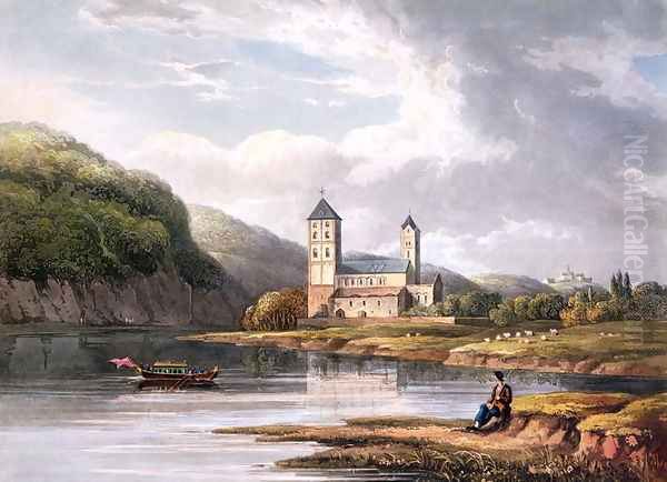 The Church of Johannes at the influx of the Lahn, engraved by T. Sutherland, from A Picturesque Tour along the Rhine, from Mentz to Cologne, published by R. Ackermann, London, 1819 Oil Painting by Christian Georg II Schutz or Schuz