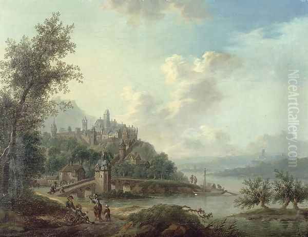 A Rhineland View with a Bridge and Figures in the foreground and a Fortified Town on a Hill beyond Oil Painting by Christian Georg II Schutz or Schuz