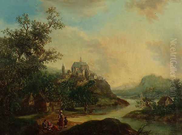 A Rhineland View with Figures in the foreground and a Fortified Town on a Hill Beyond Oil Painting by Christian Georg II Schutz or Schuz