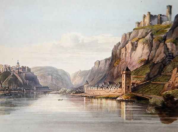 St. Goarshausen, St. Goar and Rheinfels, engraved by T. Sutherland, from A Picturesque Tour along the Rhine, from Mentz to Cologne, published by R. Ackermann, London, 1819 Oil Painting by Christian Georg II Schutz or Schuz