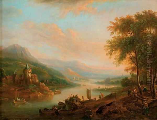 A Rhenish landscape with moored vessels, a village with a castle beyond Oil Painting by Christian Georg II Schutz or Schuz