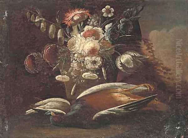 Still life of a dead pheasant and song bird Oil Painting by Christian Georg II Schutz or Schuz