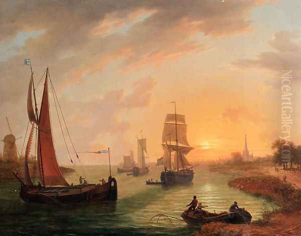 An EstuaryWith Various Shipping At Sunset Oil Painting by Frans Swager