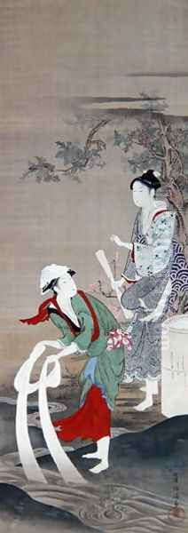 Two Beauties at Kinuta Oil Painting by Kubo Shunman