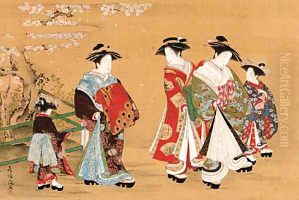 Courtesans on parade beneath a blossoming cherry Oil Painting by Kubo Shunman