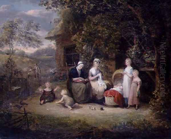 Family Group before a Thatched Cottage Oil Painting by Maria Spilsbury