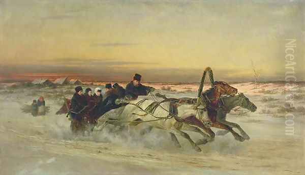 A Galloping Winter Troika at Dawn Oil Painting by Nikolai Egorovich Sverchkov