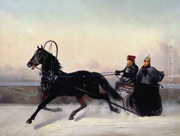 Emperor Nicholas I 1796-1855 Driving in a Sleigh Oil Painting by Nikolai Egorovich Sverchkov