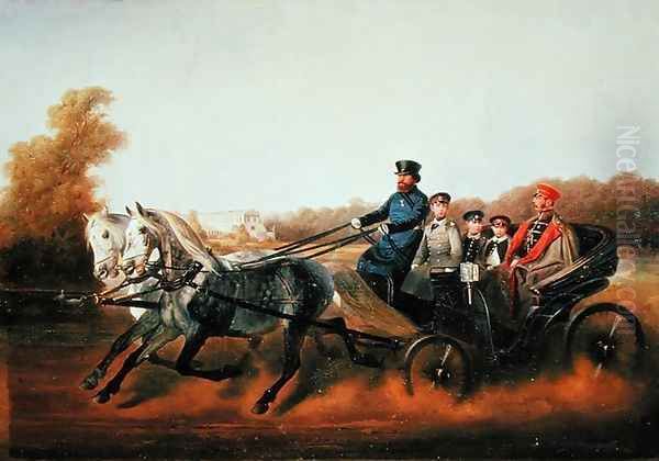 Tsar Alexander II 1818-81 Driving with his Sons in Zarskoje Selo, 1850s Oil Painting by Nikolai Egorovich Sverchkov